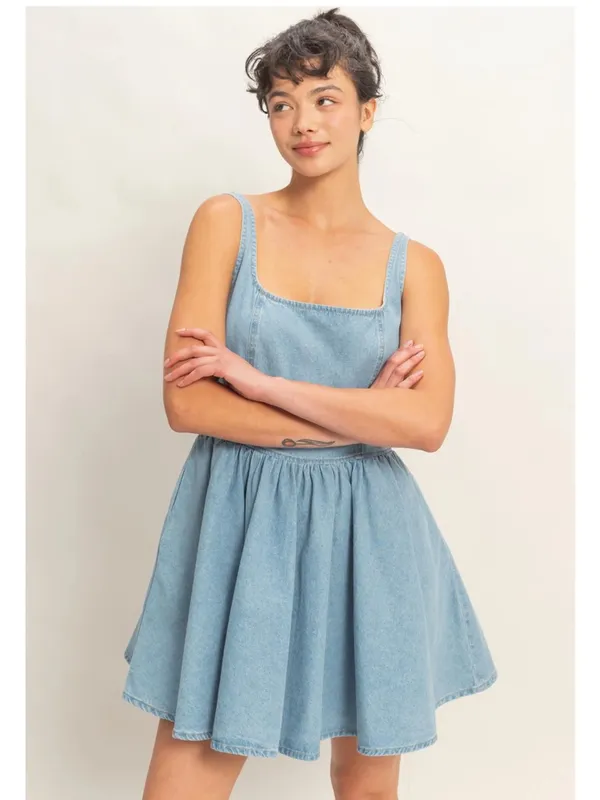 NEW Double Zero Scoop Neck Denim Mini Dress Small 100% Cotton Flowy Fit & Flare - Image 6