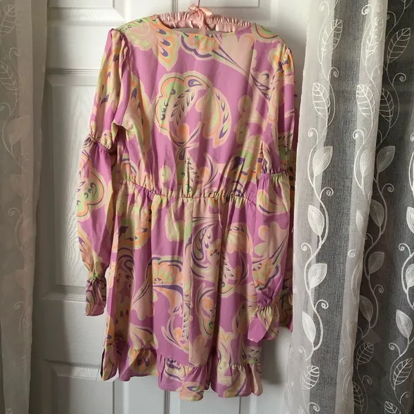 New without tag ASOS elasticated sleeve tie neck mini dress in pink floral print - Image 5