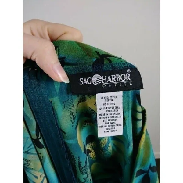 Vintage Sag Harbor Blue & Green Tropical Leaf Print Midi Skirt Size Petite S - Image 4
