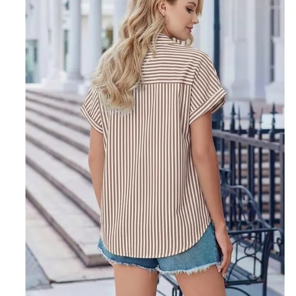 NWT ~ Women's Striped Casual Short Sleeve Summer Blouse Button Down Top ~ MEDIUM - Image 3