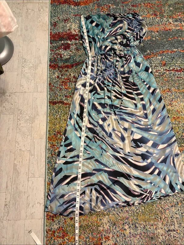 Strapless Aqua & Navy Print Maxi Dress with POCKETS! - Image 11