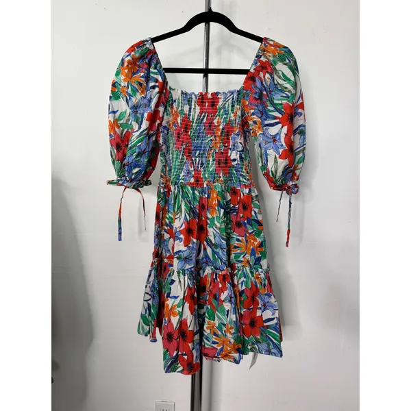Cara Cara Floral Mini Dress Multi Smocked Puff Sleeve Tiered Cotton M - Image 3
