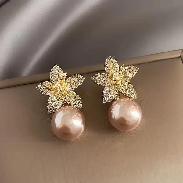 Elegant Flower Pearl Dangle Drop Earrings for Women - Image 2