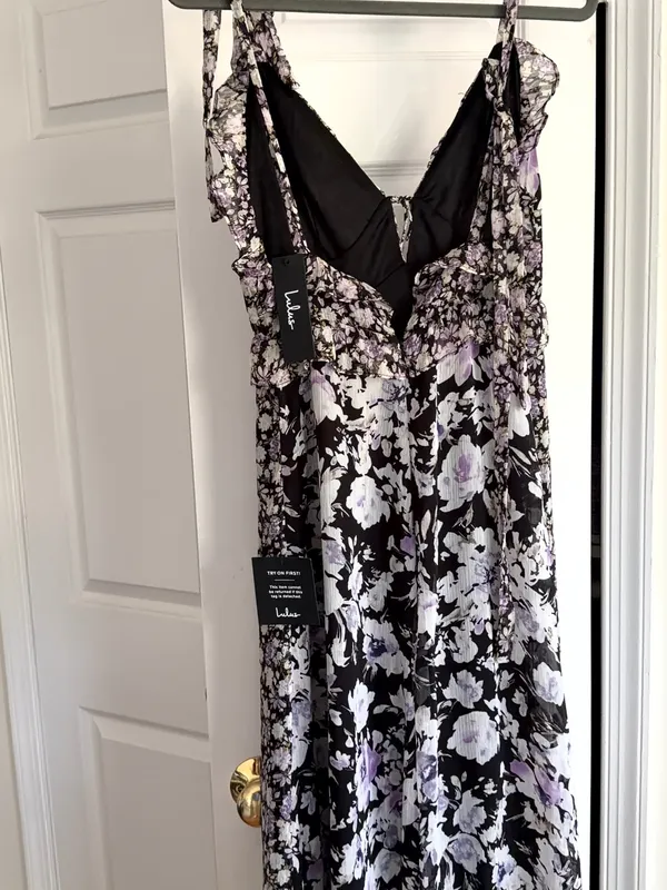 Lulus NWT Black Lavender Floral Ruffle Tie Strap Maxi Dress S - Image 2