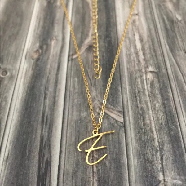 Letter E Cursive Initial Necklace Gold - Image 2