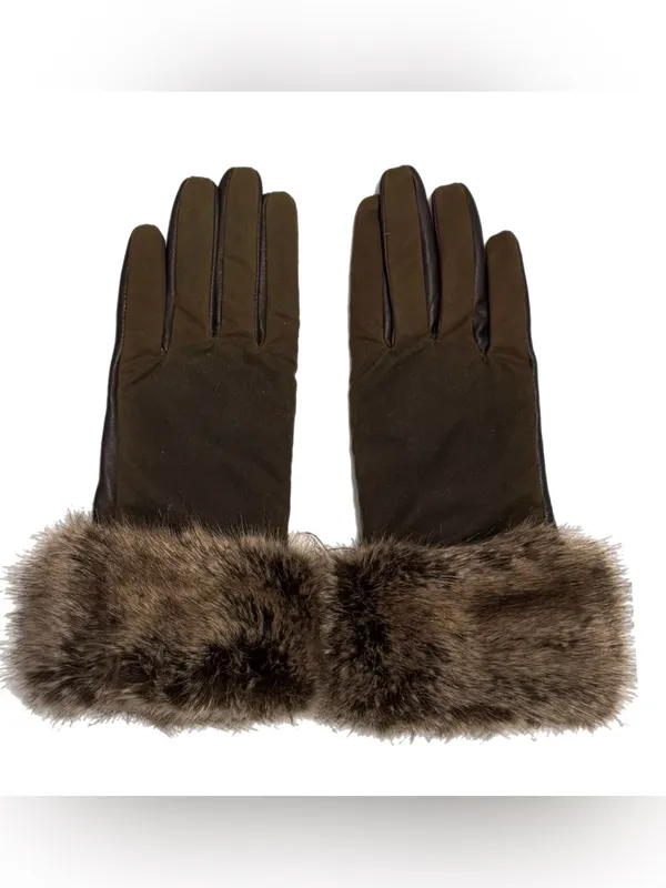 Barbour Women’s Ambush Wax Leather Gloves Brown Faux Fur Cuff Bougie Winter New - Image 3