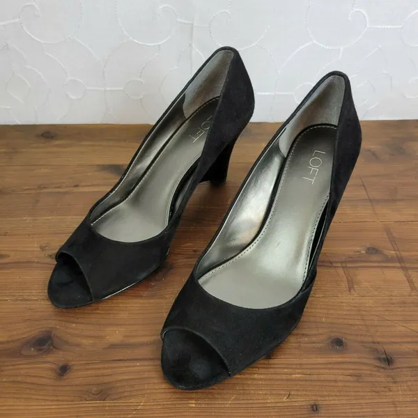 Loft Womens Shoes Size 8M Black Leather Slip-On Peep Toes Velvet Wedge Heels - Image 4