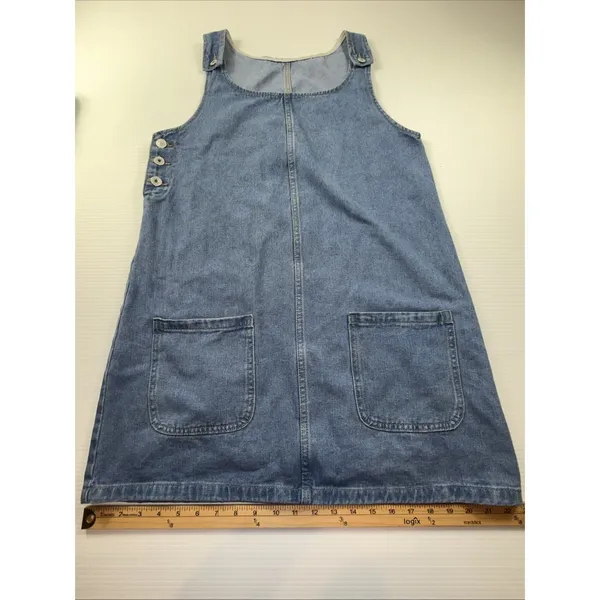 Ladies Blue Denim Sleeveless Jumper‎ Dress Medium Side Button Front Pockets - Image 5