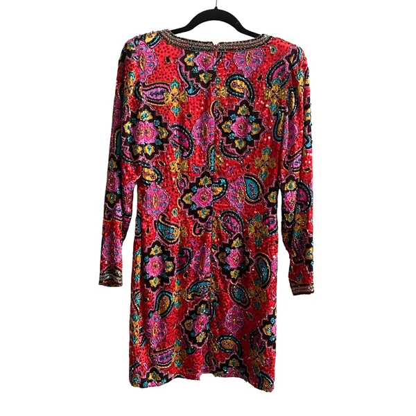 Oleg Cassini Black Tie Vintage Red Paisley beaded sequin Dress SILK AMAZING SZ 6 - Image 3
