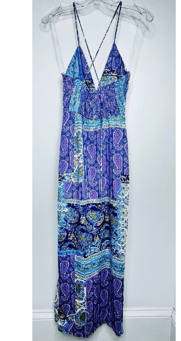 ZARA WOMAN PATCHWORK PRINT LINEN MAXI DRESS Twist Cross-BACK Size S High Slit - Image 7