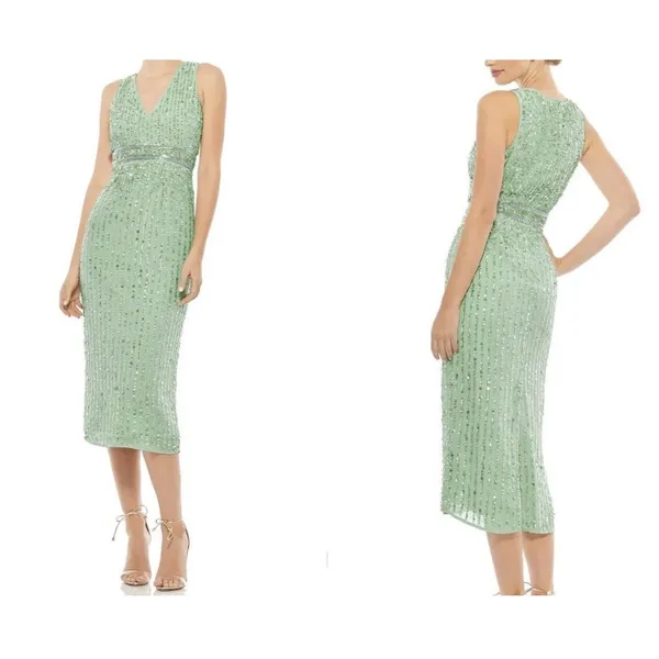Mac Duggal Sage Green Full Bead Sequin Midi Dress Size 6 NEW #93606 Wedding Prom - Image 3