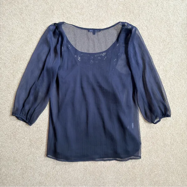 Daniel Rainn Midnight Blue Sheer Lace Peasant Blouse with Cami Small - Image 5
