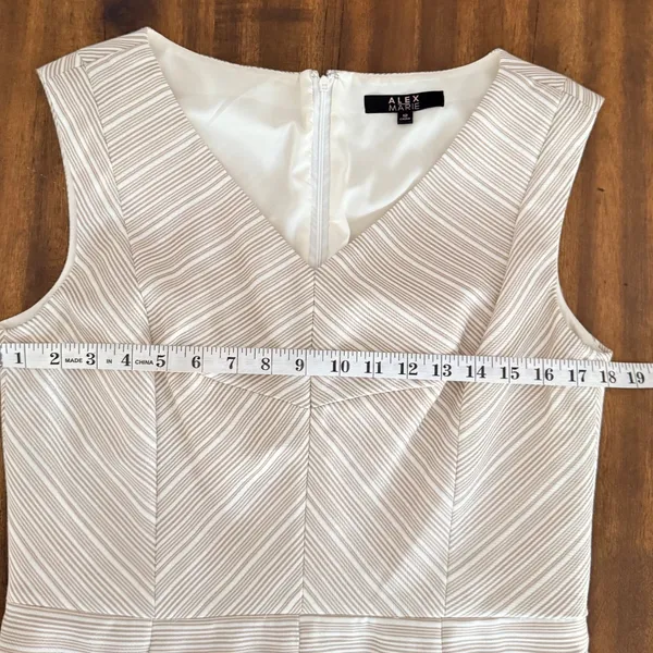Alex‎ Marie Beige White Striped V-Neck Pleated Sheath Dress Womens Size 12 - Image 8