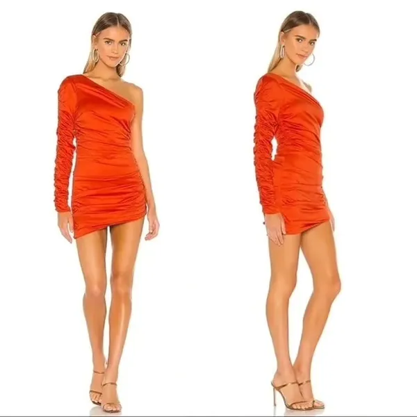 Michael Costello x Revolve Womens Oscar One Sleeve Ruched Dress Orange Size XS - Image 2