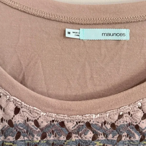 Maurices Women's Taupe Crochet Embellished Boho Geometric Print Tunic Top Size M - Image 3