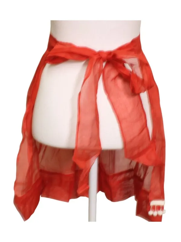 Red Sheer Half Apron White Pom Pom Trim Back Tie Small Small Pocket Vintage - Image 3