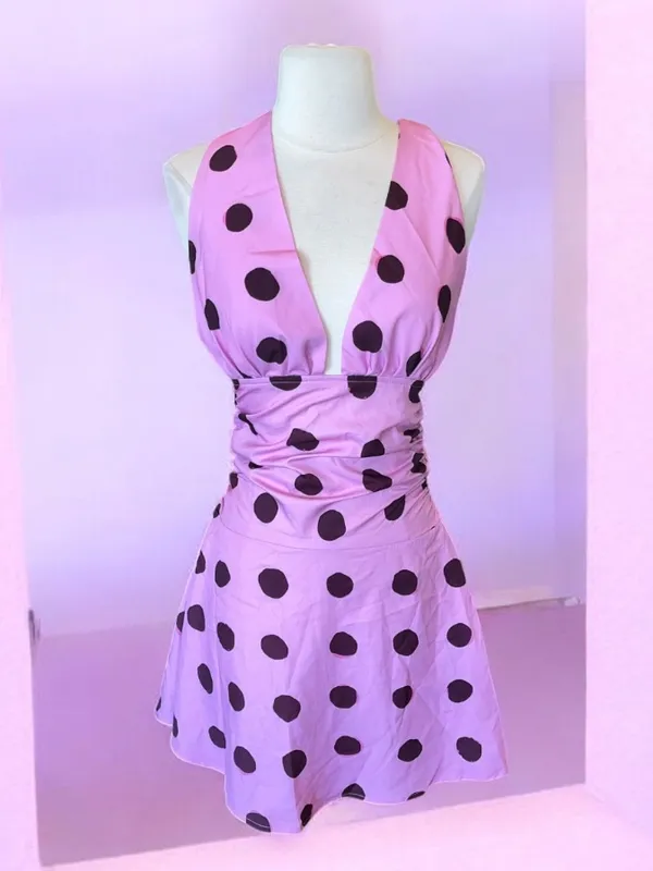 Pink Brown Polka Dot Silky Dress Halter Open Back Mini - Image 6
