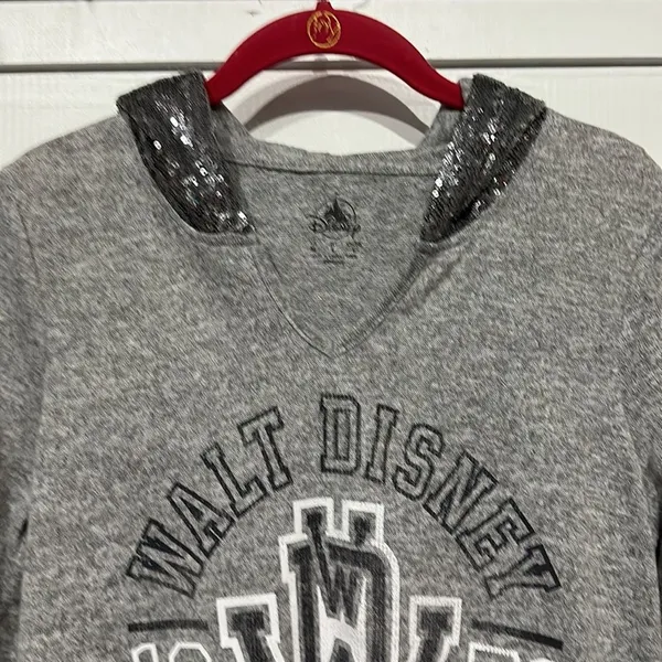 Walt Disney World Sweatshirt M Sequin Hooded Gray Silver Graphic Distressed - Image 4