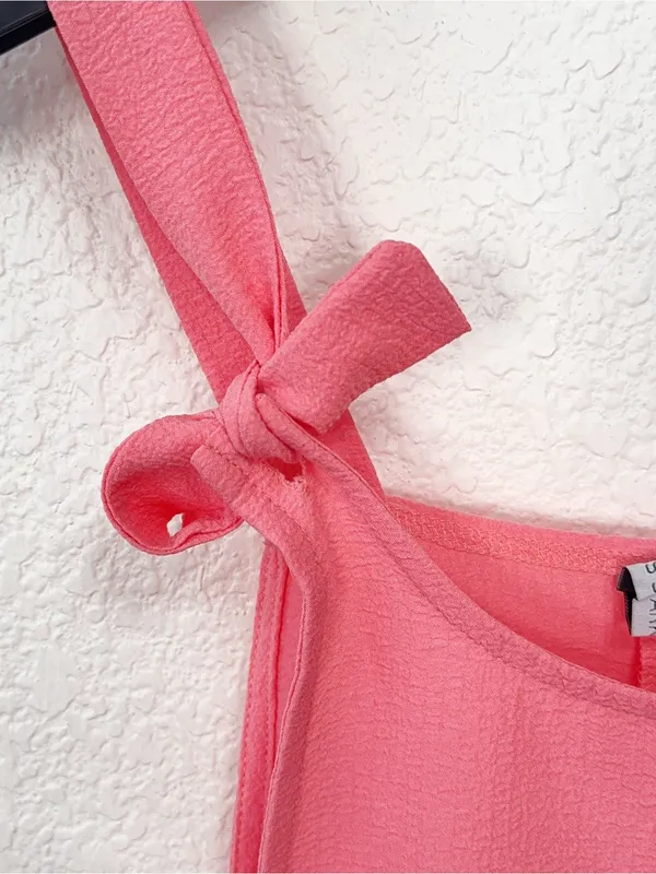 Miss Sparkling Coral Pink Tie Strap Pocket Overall Romper Shorts - Image 5