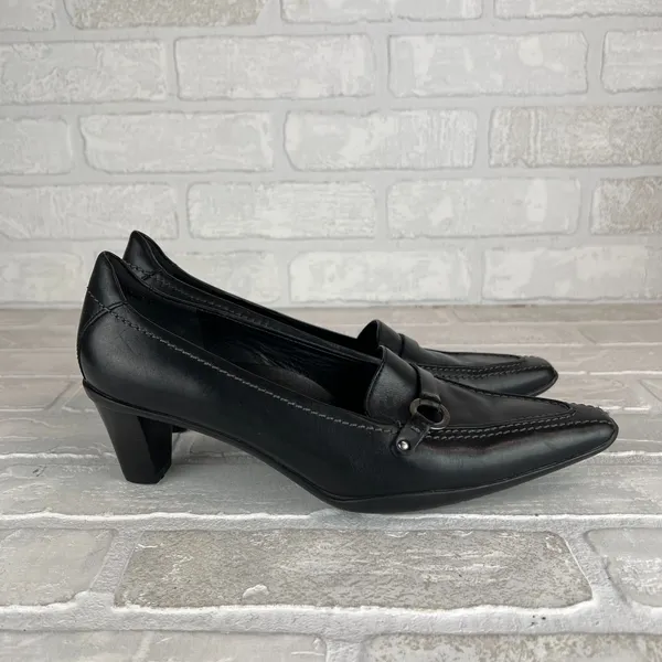 ECCO Loafer Pumps Women 7.5 38 Black Leather Pointed Toe Block Heel Strap Office - Image 2