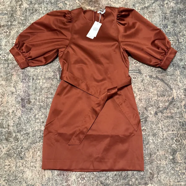 Samsoe Samsoe Celestina Short Dress Brandy Brown Satin Puff Sleeve NWT Size S - Image 6