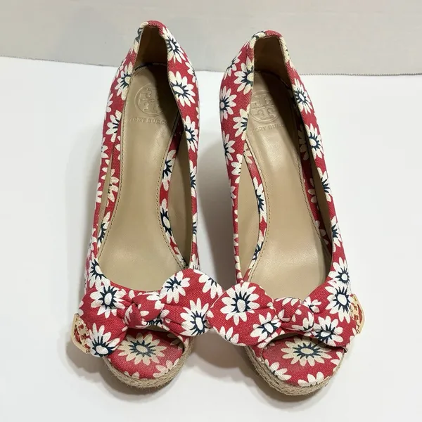 Tory Burch Dory Red Floral Canvas Peep Toe Wedge Espadrilles Size 7.5 Beachy - Image 7