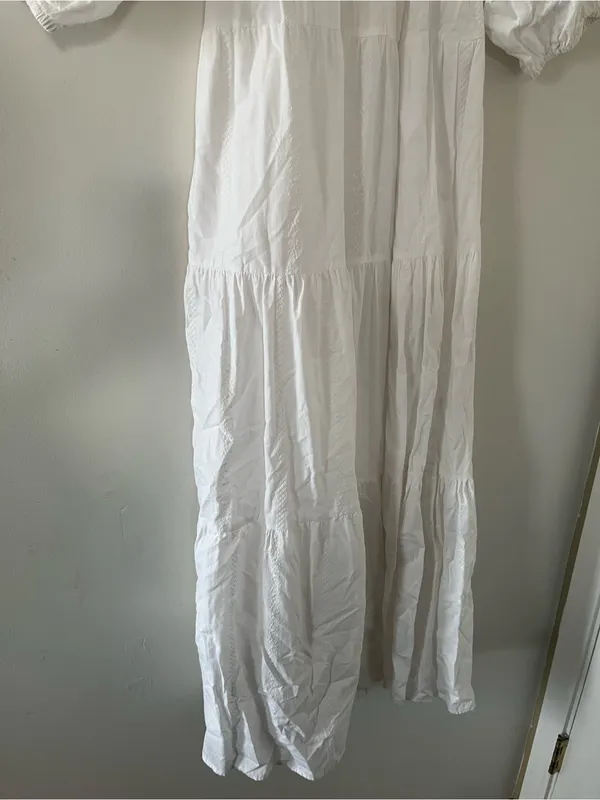 White 100% Cotton Tiered Puff Sleeve Peasant Maxi Dress Small Cottagecore - Image 3