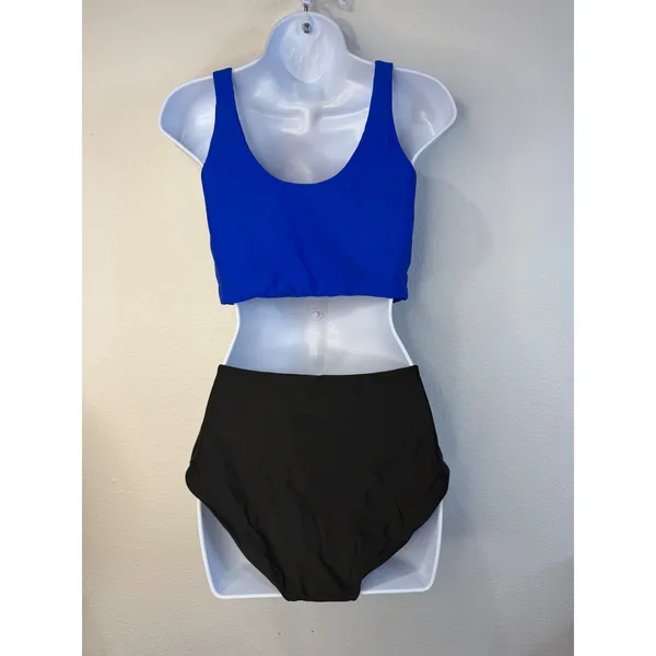 Zaful Womens Two Piece Bikini Set Royal Blue Front Knot Top Black High Waist S - Image 2