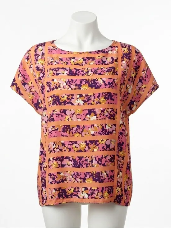 LOFT Floral‎ Striped Short Sleeve Blouse Boho Geometric Summer Top Pink Orange S - Image 2