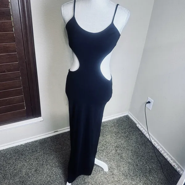 Lovers and Friends Olivia Maxi Dress Black Stretchy Bodycon Cut Out Waist Sz S - Image 3