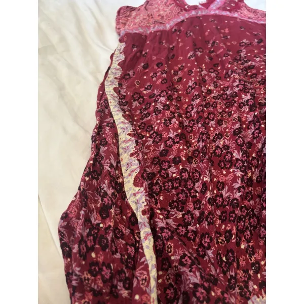 Free People Boho Floral Paisley Midi Dress Burgundy Pink Lace Handkerchief Hem - Image 6