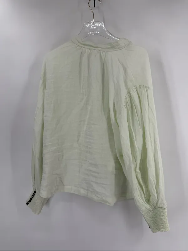 By Anthropologie Long-Sleeve Embroidered‎ Linen Tie-Front Top Blouse mint green - Image 3