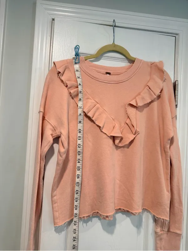 NWOT Free People Size XS Pink Ooh La Ruffle Yoke Long Sleeve Raw Hem Sweatshirt - Image 6