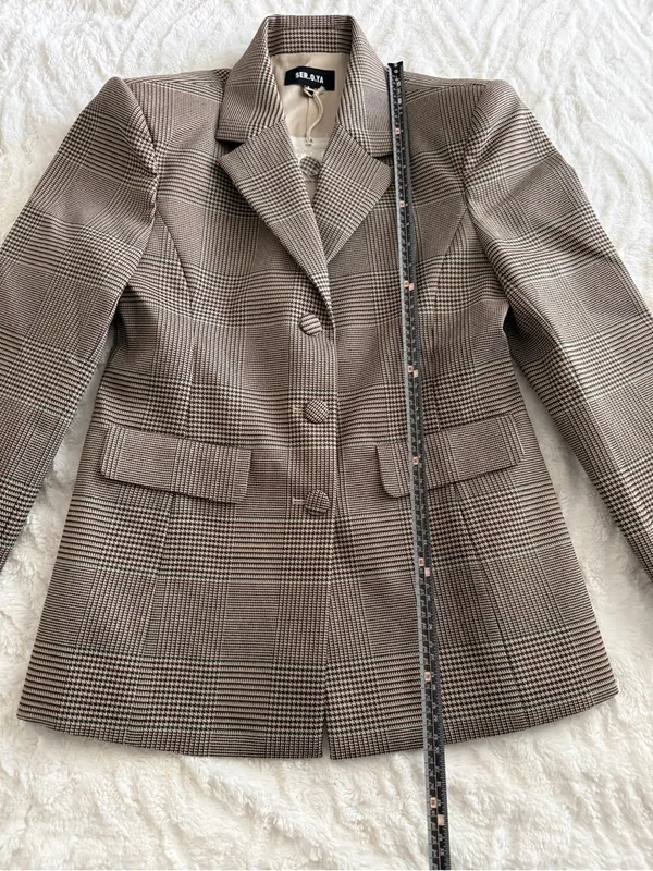 SER.O.YA Brown Plaid Blazer L Tailored Glen Check Quiet Luxury Jacket - Image 6