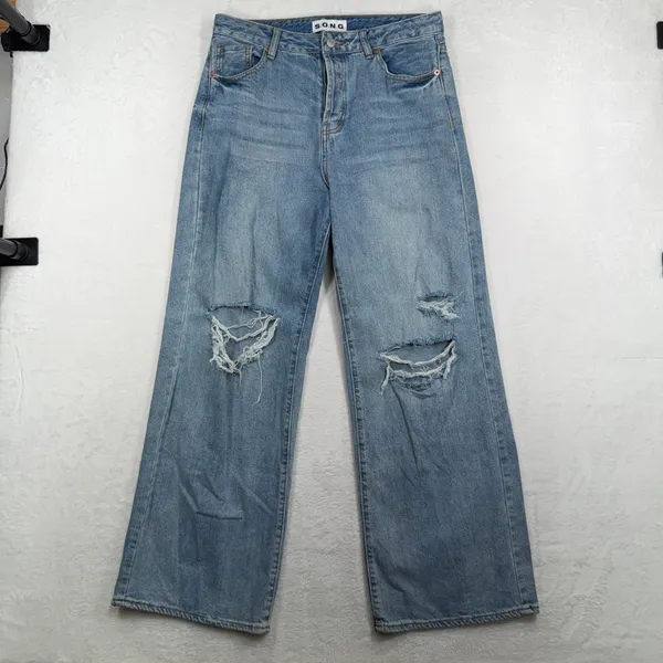 S.O.N.G. 9 29 Jeans Wide Leg Distressed High Rise Button Fly Boho Grunge Punk - Image 2