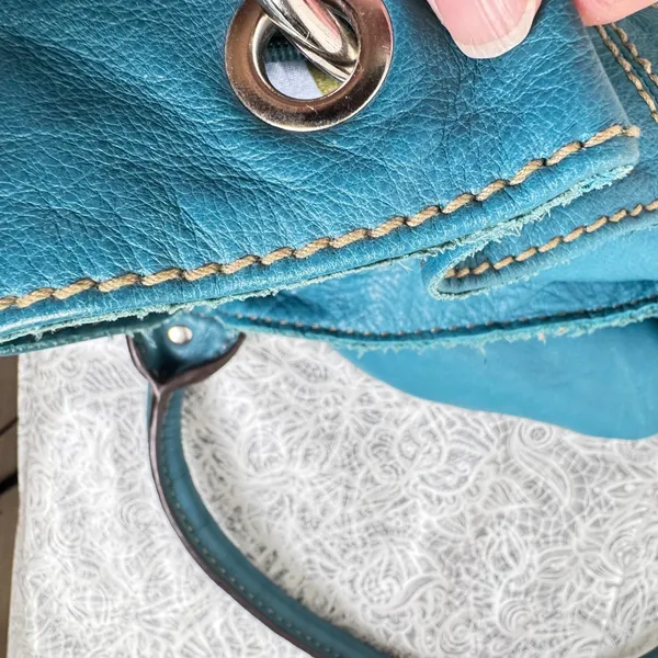 Tignanello Teal Blue Leather Tote Bag Satchel Striped Satin Lining Boho Slouchy - Image 10