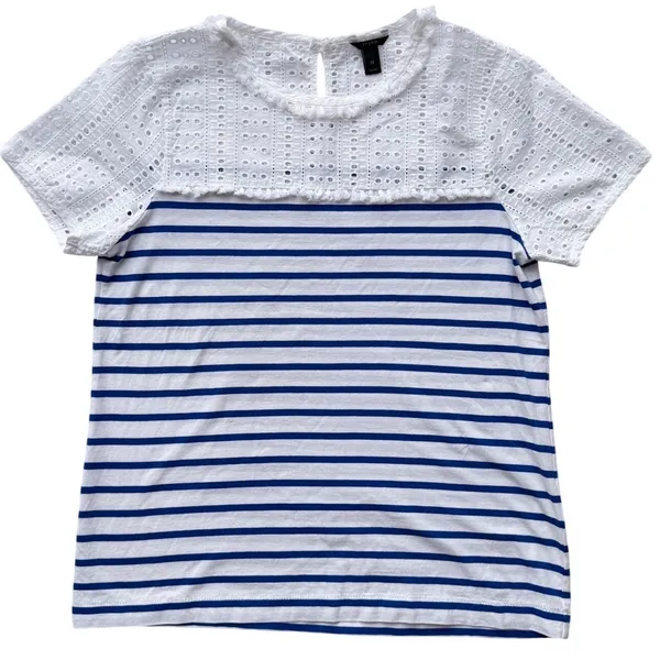 J.Crew Womens XS Mixed Media Eyelet Lace Striped Short Sleeve Top Blue White - Image 9