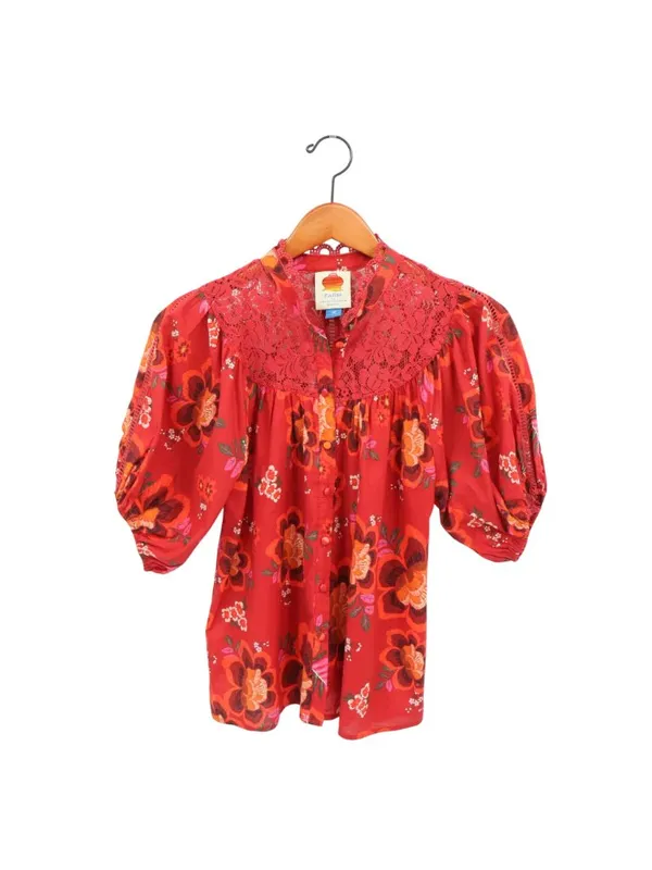 Anthropologie Farm Rio Giustina Lace Blouse Top Short Sleeve Floral Red XS - Image 4