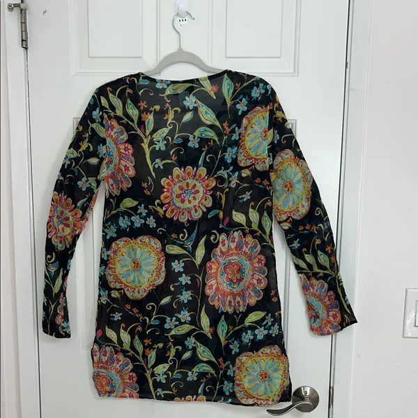 Athleta Women's Size M‎ Black Floral Silk Tunic Top Shirt Boho Resort - Image 5