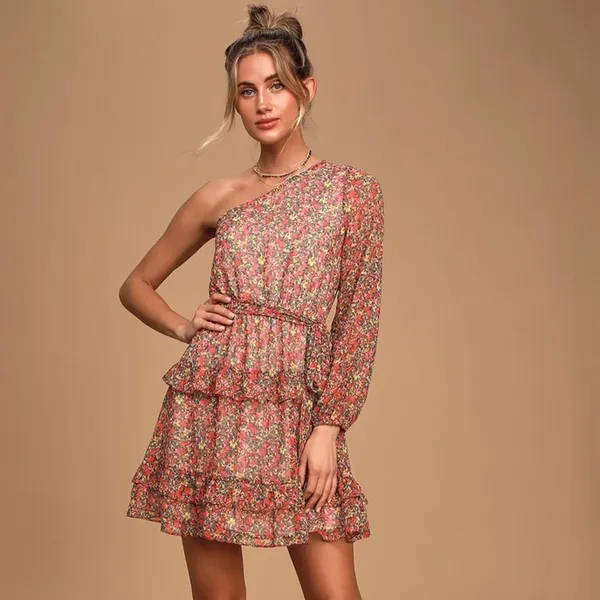 LULU’S Anew Romance Pink Floral Print One Shoulder Ruffled Mini Dress - Image 3