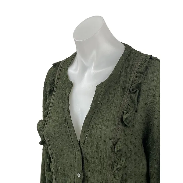 Zara Green Swiss Dots Ruffle V Neck Long Sleeve Button Up Shirt Blouse Top Sz S - Image 2