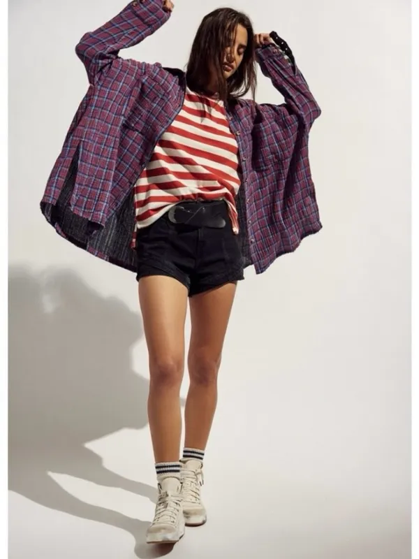 Free People Oversized Bohemian Grunge Fall Cardiff Plaid Swing Top Shirt Medium - Image 4