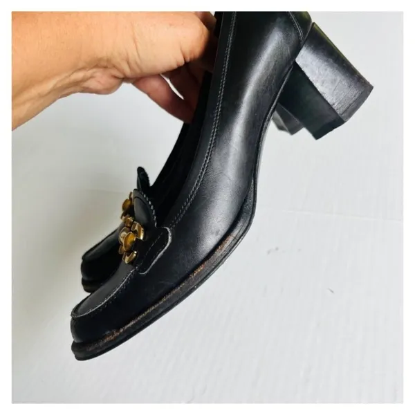 FERRAGAMO Sz 6.5 Black Leather Buckle Heeled Slip On Loafer Round Toe Shoes - Image 5