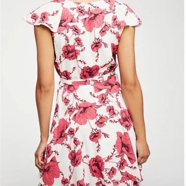 Free People Floral Ruffle Wrap Mini‎ Dress Cream Pink Cap Sleeve Size S - Image 2
