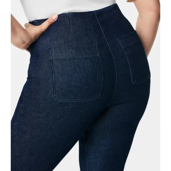 New!‎ $148 SPANX Denim Demi Boot Raw Indigo High Waist Flare Jeans Sz Small - Image 3