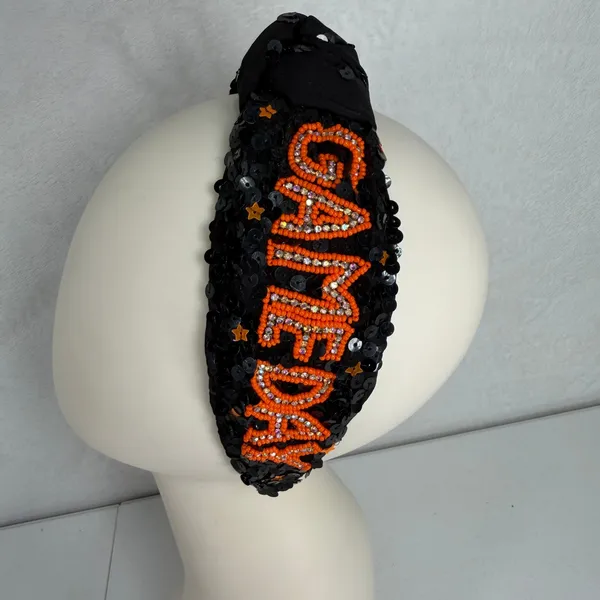 Headband Knotted Sequin Gameday Beaded Orange Black Sports Fan Gear Spirit Week - Image 4