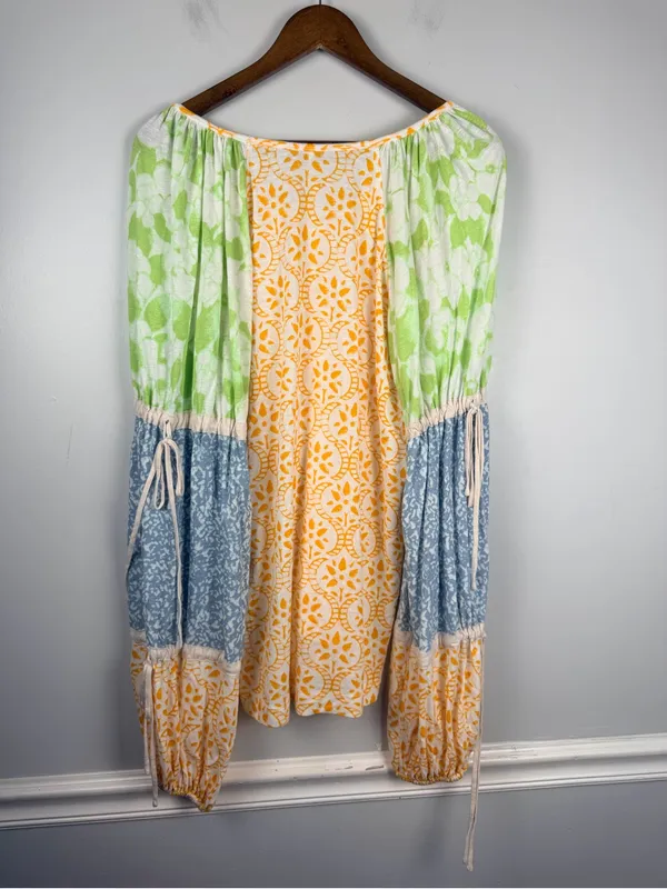 Free people multicolor pattern linen blend drawstring sleeve top size large - Image 6
