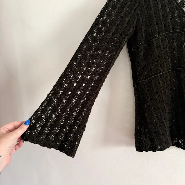 Fresh Wear Dark Olive Green Open Knit Velvet Trim Tie Bell Sleeve Cardigan - Image 3