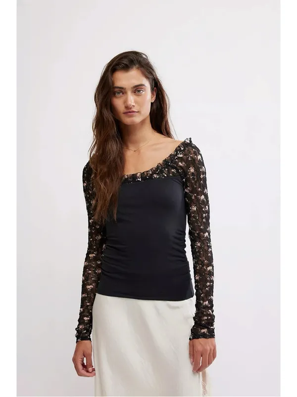 Free People Dainty Coquette Scoop Neck Josie Long Lace Sleeve Top Black Large - Image 5