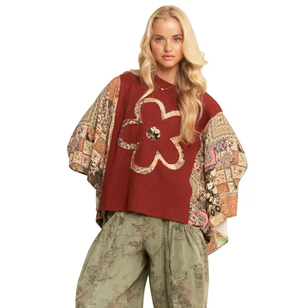 NWT DANI & DAVI Women’s Boho Flower Appliqué Printed Poncho Top - Image 2
